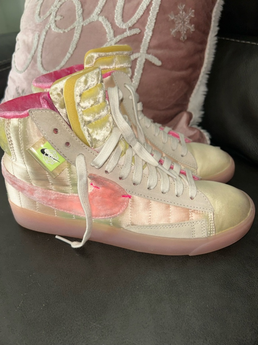 Nike Women's High-Top Velvet Sneakers in Pink, Yellow and Cream